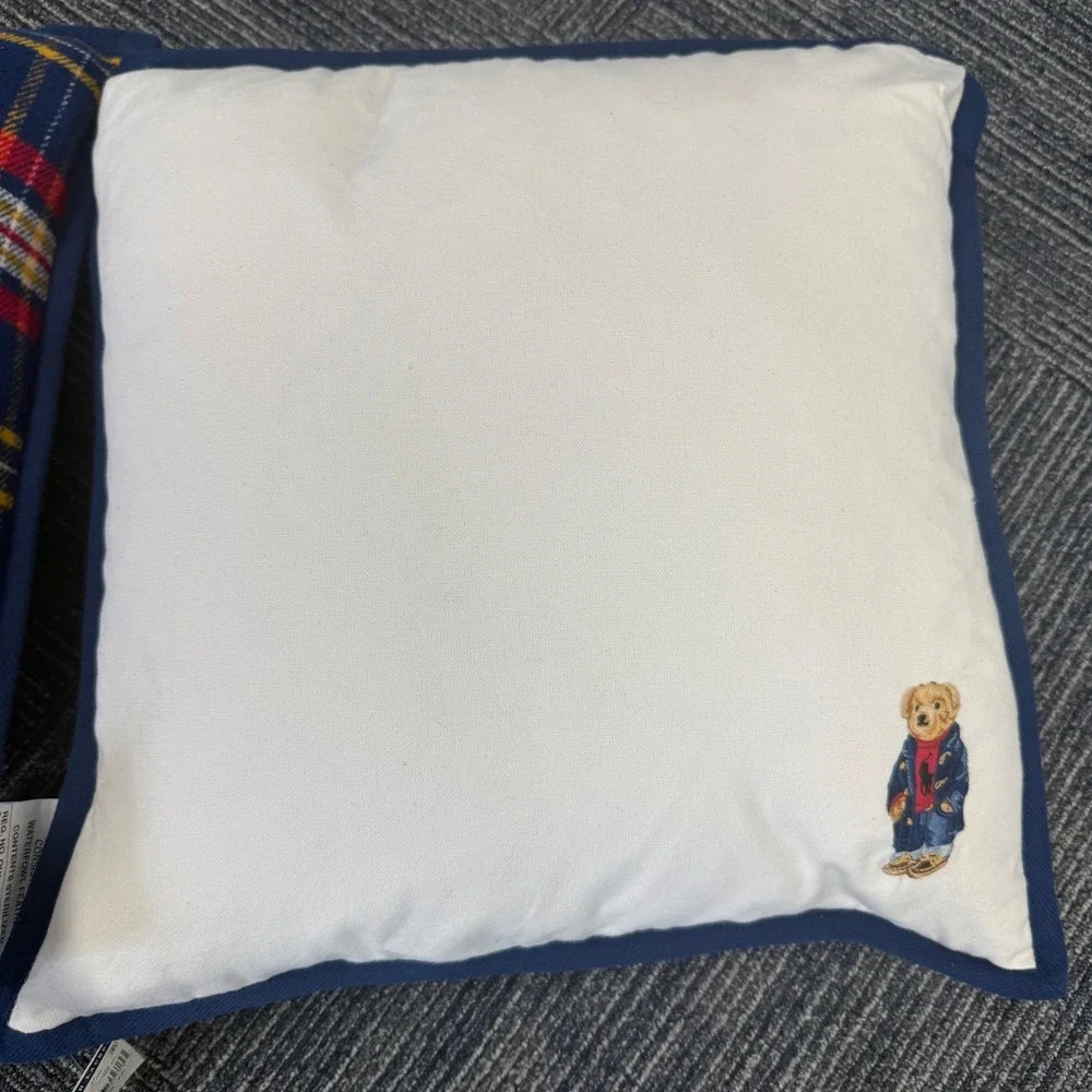 2 Ralph Lauren Polo Bear Plaid Throw Pillows Reversible Navy Blue Tartan 20x20